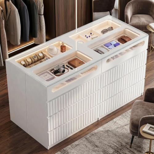 senlin Modern 16 Drawer Wardrobe Armoire with Glass Top LED Lights Fluted Island Dresser Bedroom Closet Organizer System Large Clothing Storage Cabinet with Jewelry Tray Hidden Handles