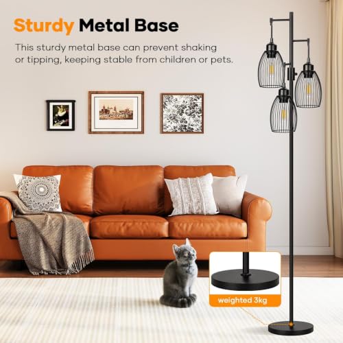 Image of Dimmable Floor Lamp, 3 x 800LM LED Edison Bulbs Included, Farmhouse Industrial Floor Lamp Standing Tree Lamp with Elegant Teardrop Cage Tall Lamps for Living Room Bedroom Office Dining Room-Black