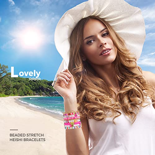 Colorful Heishi Surfer Bracelets Set for Women Stackable Clay Beaded Bracelets Disc Stretch Preppy Bracelets Smiley Face Friendship Bracelets Team Cheer Bulk Boho Summer Beach Jewelry Gift4