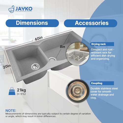 Image of JAYKO Quartz Acrylic Kitchen Sink for Modular Kitchen | Granite Finish, Scratch & Heat Resistant | Easy to Clean & Stylish Sink for Home (BR, 40x20in)