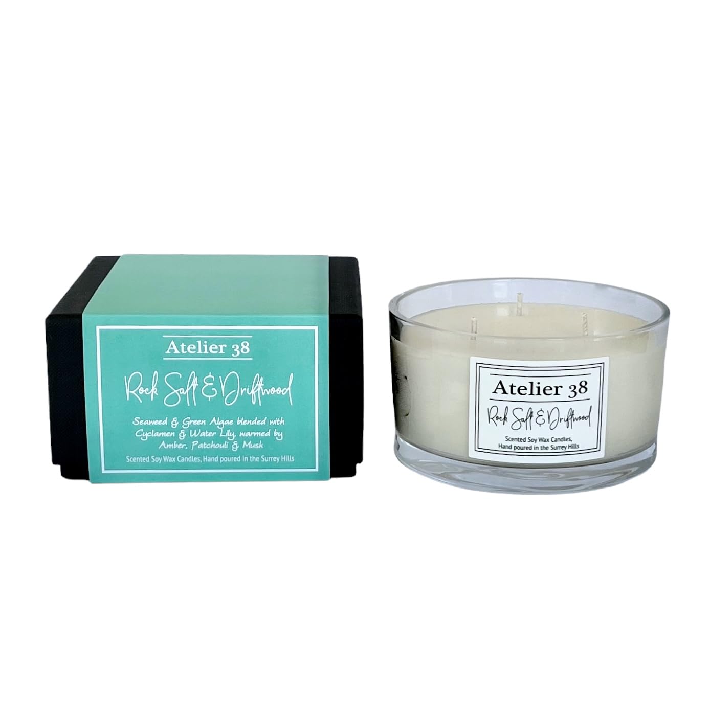 Atelier 38 Rock Salt & Driftwood 3 Wick Scented Candle 400g - Luxury Soy Candle, Up to 40 Hour Burn Time, Large Candle Home Fragrance, Long Burning Candle, Housewarming Gift, Made in Surrey Hills