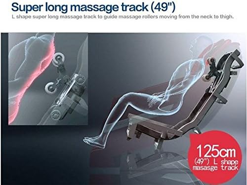 Diagram showing the L-shape super long massage track (49 inches or 125cm) extending from the neck to the thigh, with an illustration of massage rollers moving along the track.