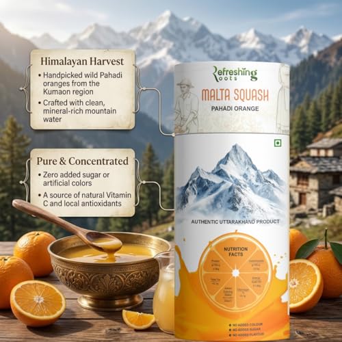 Image of REFRESHING ROOTS Uttarakhand Wild Orange (MALTA) Squash 300 ML Pack Glass Bottle | Cold Pressed | Uttarakhand Authentic Taste | Added Honey | No Artifical Colors | Rich In Vitamins -C | Malta Squash