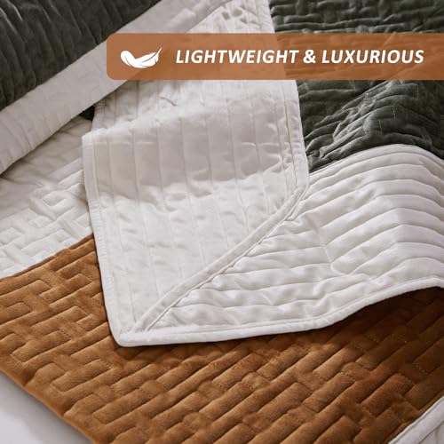 Image of Grassix Velvet Quilt Set King Size, Luxury Patchwork Design, Green Caramel | Lightweight Velvet Comforter with 2 Pillow Shams, Soft Bedspread Coverlet, Quilted Bedding Set for All Seasons, 108 inchx96 inch