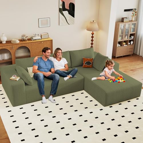 Image of 96 inch Modular Sectional Couch, Boneless L Shaped Cloud Sofa with Chaise Lounge, Corduroy Upholstered Couches Memory Foam Deep Seat, No Assembly Required, Ideal for Living Room(Green, Right Facing)