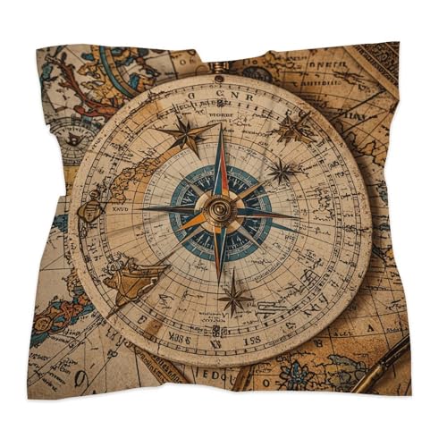 Compass And Old World Map Head Scarf Like Silk Scarf Lightweight Fashion Satin Hair Bandanas for Women Boho Headscarf Hair Wrap Bandana Headband Handkerchief Silk Scarves for Bag Purse Neck 18 Inch