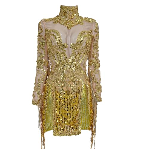 LuuMingCM Robe courte à paillettes brillantes pour femme, robe de fête, robe de soirée, danseuse, tenue de scène, costumes de performance, doré, Taille...