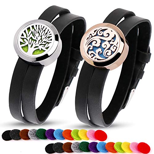 RoyAroma 2PCS Aromatherapy Essential Oil Diffuser Bracelets, Two Patterns Pendant Locket Jewelry, Stainless Steel Locket Bracelet Leather Wristband with 24 Felt Pads