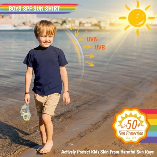 Image of Boy's UPF 50 Rash Guard Swim Shirts Short Sleeve Sun Protection SPF Fishing Surfing Water Beach Shirts Quick Dry