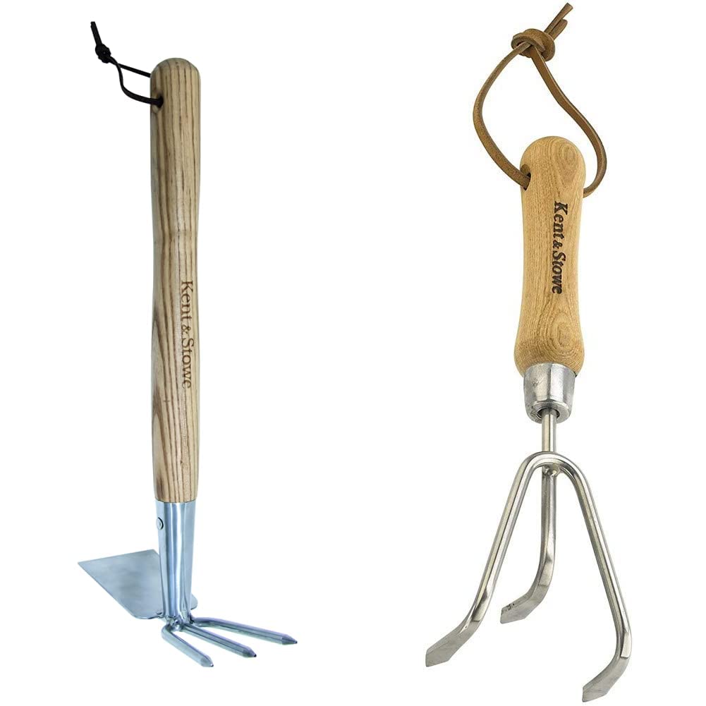 Kent & Stowe Doppelhacke – Gartenhacke aus Edelstahl, zum Belüften von Böden, 37 cm & 3 Zinken-Grubber – Handgrubber aus Edelstahl, zum Aufbrechen verhärteter Böden, 28 cm