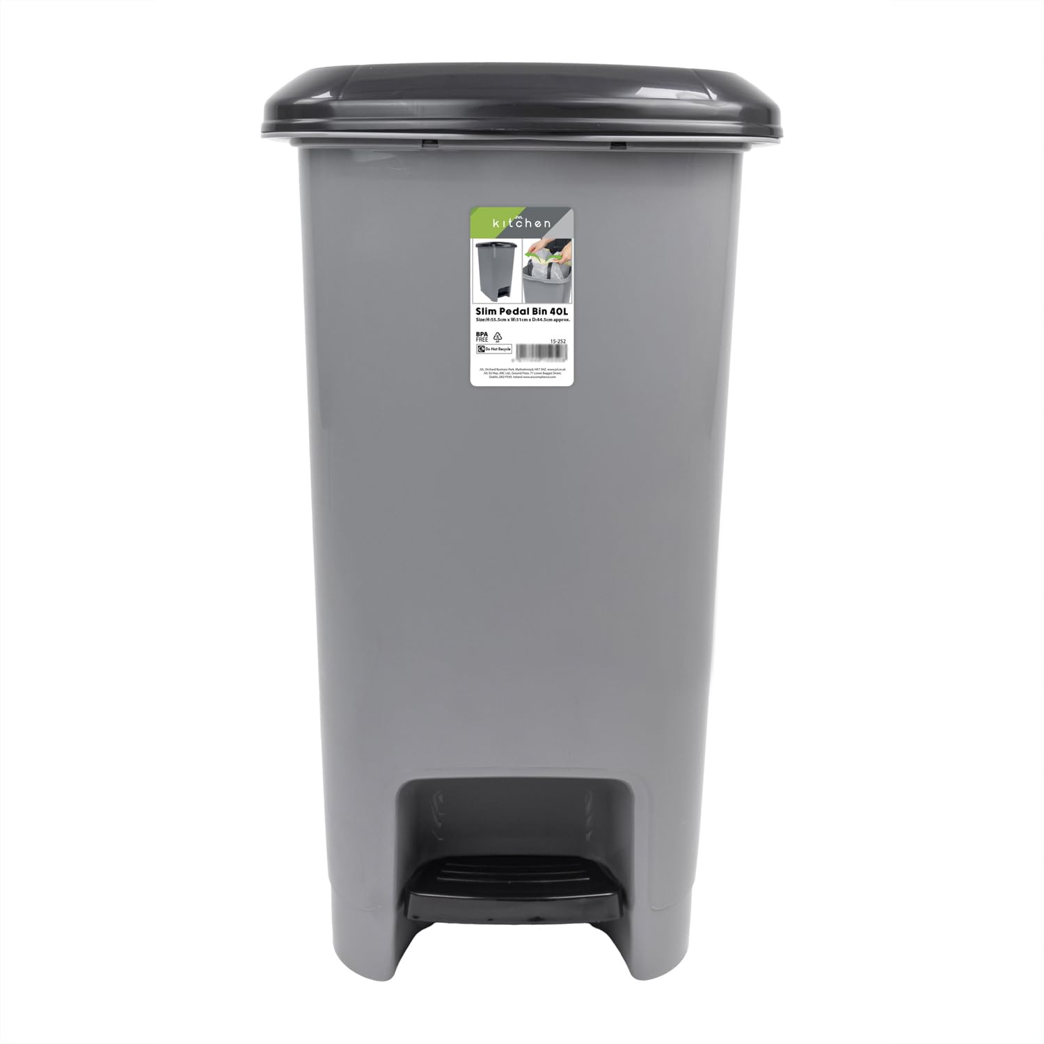 JVL Slim Plastic Lidded Foot Pedal Waste Bin, 40L, Grey