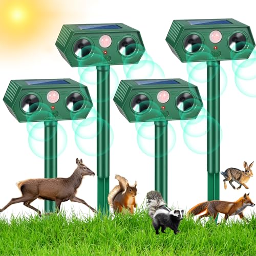 Solar Ultrasonic Racoon Cat Repellent Outdoor Deer Repellent Devices Sonic Fortress Pro Animal Rabbit Repeller Squirrel Deterrent with Motion Sensor to Keep Dog Fox Skunk Out of Garden Yard(4Pack)