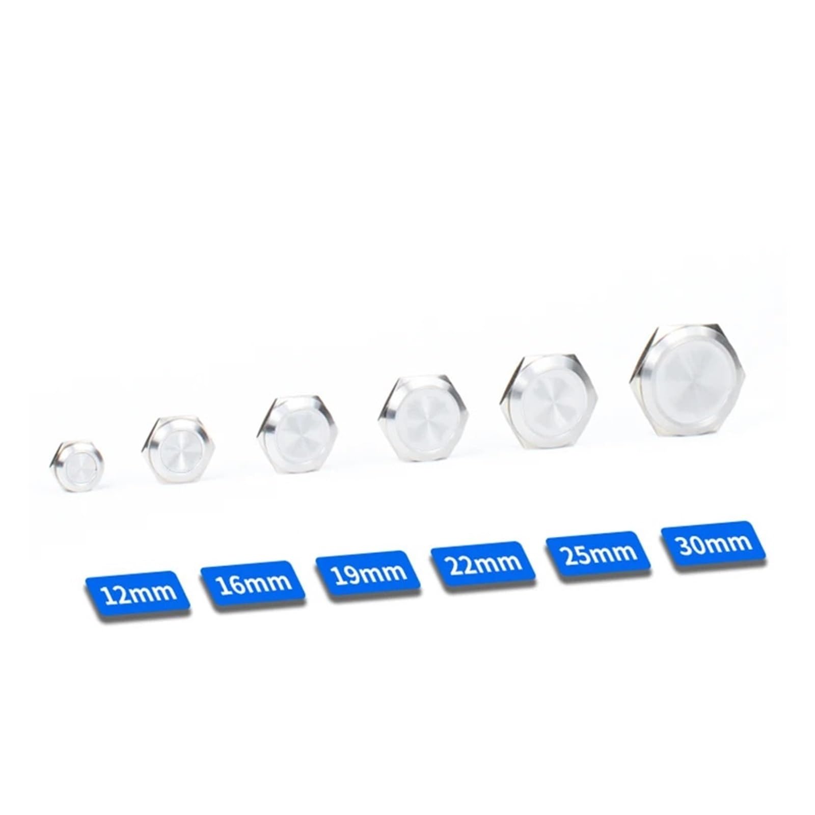 Kurzer Metall-Druckschalter 5 stücke 12/16/19/22/25/30mm Kurze Elektrische Wasserdichte Power Reset Momentary druck Mini Push Button Schalter Silber Schwarz(19mm No LED,FLAT HEAD_5PCS SILVER)