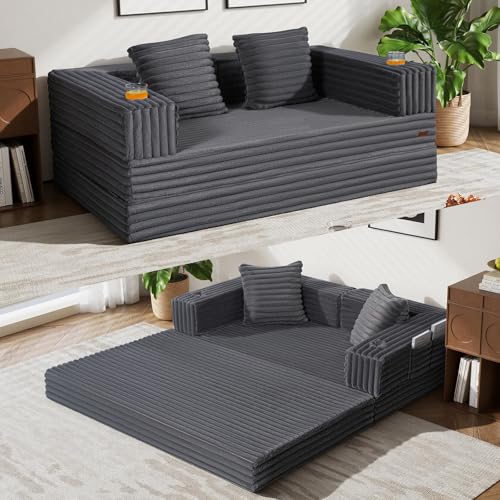Image of COMAX Futon Sofa Bed, Convertible Sofa Bed, Folding Boneless Couches | Boneless Couch for living room, Fold Out Small Foldable Loveseat Floor Sleeper Mattress Lounge Space‑Saving, Ash Gray
