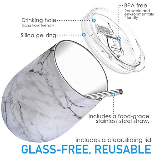 Thily Stainless Steel Stemless Wine Tumbler 4 Pack Vacuum Insulated Travel Wine Glasses Set With Sliding Lids And Straws, Keep Cold For Juice, Cocktails, Beer, Party, Christmas Gift, White Marble #TOP2