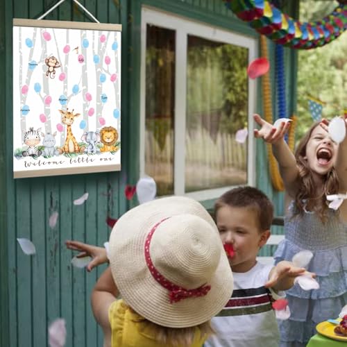 Image of QZCYU Gender Reveal Decorations Fingerprint Tree with Woodland Safari Animals, Gender Reveal Games Canvas Hanging Paintings Decor, Baby Shower Ideas