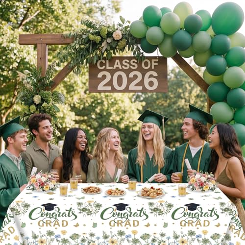 Image of Ganeen 3 Pcs Graduation Tablecloth Floral Class of 2026 Congrats Grad Table Cloths Green Disposable Plastic Rectangle Table Cover for 2026 Graduation Decorations Grad Party Supplies, 54 x 108 Inch