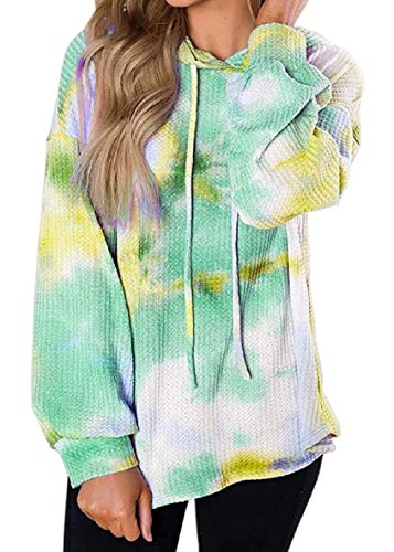 Womens Tie Dye Waffle Knit Long Sleeve Shirts Hooded Puff Loose Tops Sweatshirts Drawstring Green