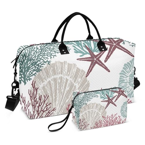 Sea Shells Stars Coral Pattern Duffle Bags for Women Men Waterproof Weekender Overnight Bags Hospital Bag Large Tote Bag with Toiletry Bag for Yoga Gym Travel Sport Hospital