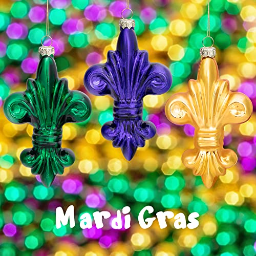 Watayo 6 Pcs Mardi Gras Glass Hanging Ornaments-4 Inch Fleur De Lis Mardi Gras Ornaments-Purple Green Gold Fleur De Lis Ornaments For Christmas Tree Mardi Gras Holiday Masquerade Party Decorations #TOP4