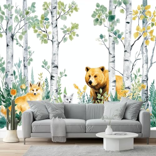 Papel pintado Animales del Bosque Acuarela Infantil Papel pintado tejido no tejido 250 x 175 cm decoración Pared decorativos Tv Fondo Pared Dormitorio Murales Papel Tapiz Moderno Verde Amarillo