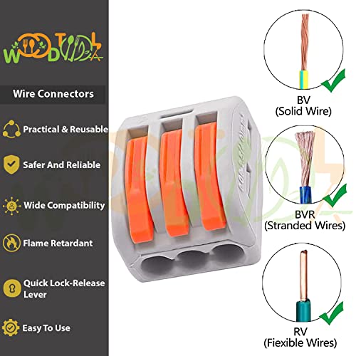 Image of 3 Circuit Inline Splices Connector - Lever Nuts Wire Connectors - Quick Wire Connectors - Compact Splicing Wire Connectors (4pcs, 3-Port, Orange)