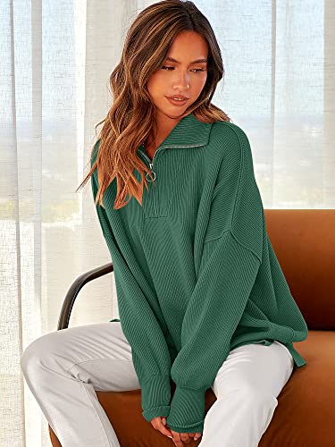 Image of ANRABESS Womens Oversized Quarter Zip Pullover Sweaters | Fall Fashion Outfits, Long Sleeve Slit Side, Baggy Loose Fit, 1 /4 Zip Lapel Collared, Ribbed Knit Soft Warm Winter Clothing