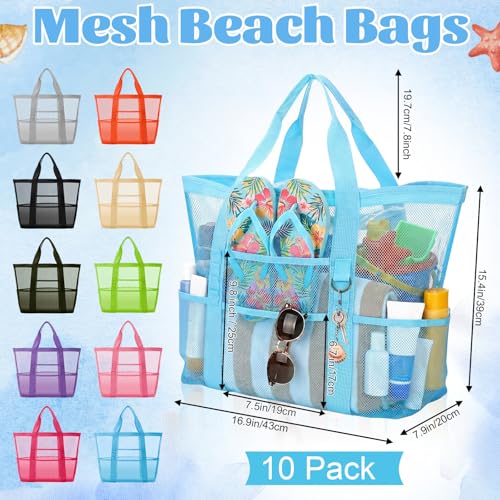 Image of Hsei 10 Pack Mesh Beach Bags Bulk for Women Waterproof Large Pool Tote Bag with Pockets & Handles Travel Vacation Cruise Camping Gym