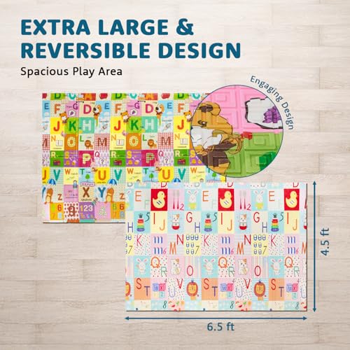 Image of Amazon Brand - Supples Reversible Baby Playmat | Certified BIS-Approved Foldable Foam Mat for Learning & Crawling | 0.6 cm Thick | 2+ Months Baby | Alphabetical Design | 6.5 x 4.5 ft Multicolour