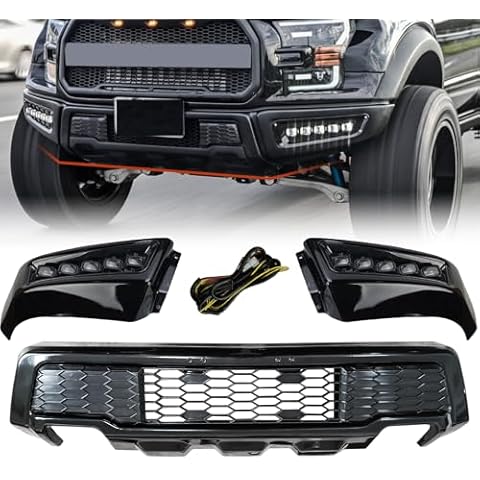 BEOC Front Bumper Assembly with DRL LED Lights for Ford F150 2018 2019 2020 F-150 Pickup Models (Excluding Raptor), Black Steel Raptor Style Truck Bumper Replacement Cover