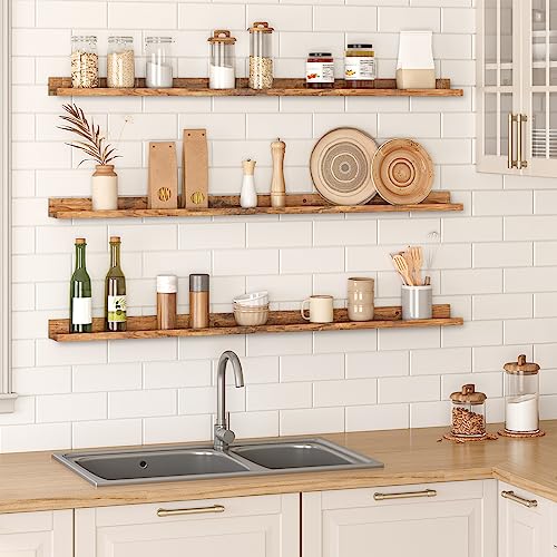 Image of HOOBRO Floating Shelves, Wall Shelf Set of 3, 47.2 Inches Hanging Shelf with Raised Edge and Invisible Brackets, for Bathroom, Bedroom, Kitchen, Office, Living Room Decor, Rustic Brown BF92BJ01