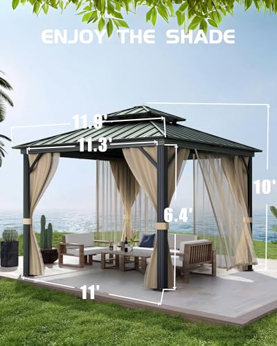 Hardtop Gazebo 12'x12' for All Weather, with Double Metal Roof, Aluminum Alloy Frame, Net, and Curtain, Permanent Building for Patio, Deck, Backyard, Lawn, and Garden, Khaki