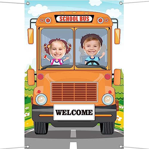 School Bus Photo Booth Prop School Bus Selfie Frame School Party Backdrop Wheels on The Bus Background Banner for School Birthday Party Supplies First Day of School Party Decorations Halloween Decor