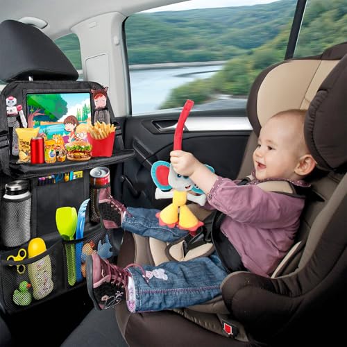 1 Stück Rückenlehnenschutz Auto Kinder mit 10 Zoll Tablet-Tasche, 600D Oxford Stoff Wasserdicht Autositz Rücksitz Organizer Autositzschoner Rückenlehne mit Klapptisch, Tablet Tasche und Viele Taschen