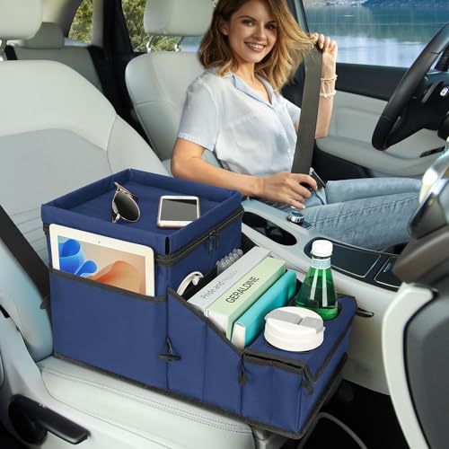 Image of Backseat Organizer for Kids & Adults - Car Seat Cooler Warmer with 2-in-1 Writing Tray, Cup Holders & 11 Storage Compartments | Road Trip Car Organizer for Front & Back Seat (Black) (Navy Blue)
