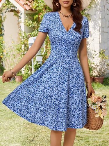 Image of MSBASIC Womens Summer Wrap V Neck Casual Dresses Floral Short Sleeve A-Line Midi Sundress