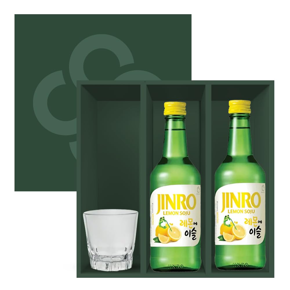 Jinro Chamisul Soju Lemon Flavour 350ml (Pack of 2) with Soju Glass | Korean Flavoured Soju Gift Set | 13% Alc./Vol [NEW FLAVOUR]