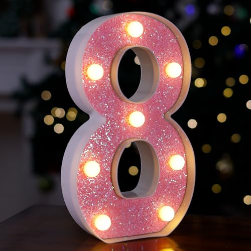 Image of LED Letter Lights Pink Glitter Marquee Letters Light Up Alphabet Letters Sign Battery Powered for Home Party Decoration Night Bar Wedding Birthday Christmas Lamp Girls Gift - Number 8
