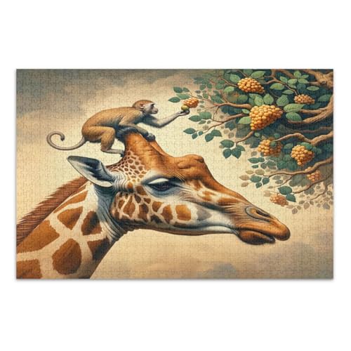 Giraffe Monkey Tree Beige Jigsaw Puzzles, Puzzles for Adults, with Letters on Back, Puzzles 1000 Pieces for Adults