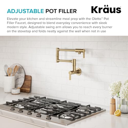 Image of KRAUS Oletto Pot Filler Faucet with Retractable Arm, Wall Mount Kitchen Faucet, Pot Filler for Stove in Spot-Free Brushed Brass, KPF-5001SFBB