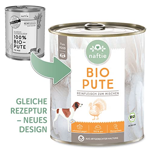 naftie Bio Hundefutter 100% Bio-Pute - Reinfleisch Pute pur - Nassfutter zum Mischen - glutenfrei, getreidefrei - Sparpaket 6X 800g Dosen