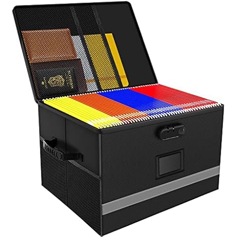 Grarg Fireproof File Box, Collapsible File Organizer with Code Lock for Hanging Letter/Legal File Folder, Portable Document Storage Box with Strap and Handle for Home&Office Cover