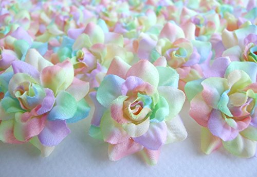 (100) ICRAFY Rainbow Pastel Roses Silk Flower Head - 1.75