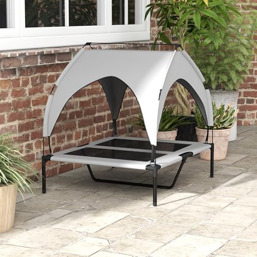 PawHut Erhöhtes Hundebett mit Baldachin, Haustierbett, Outdoor Hundeliege mit Dach, Atmungsaktiv, für große Hunde Hellgrau Oxford 91 x 76 x 89 cm