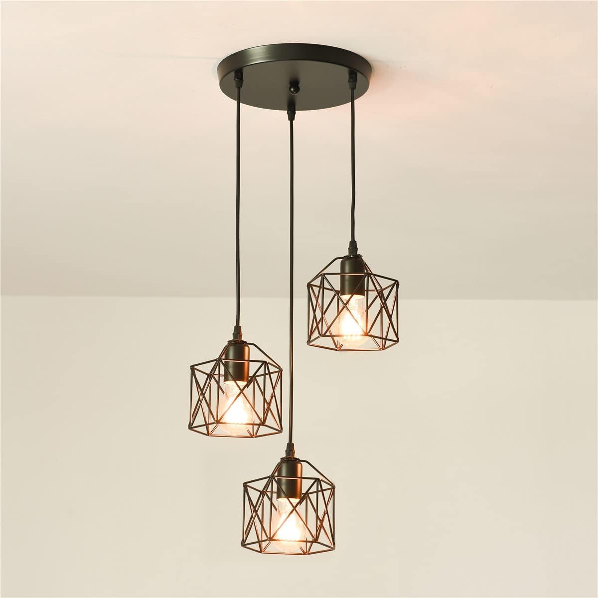 Comely 3 Luces Lámpara de Techo Industrial Vintage, Estilo Edison Lámpara Colgante E27, Altura Regulable, Negra Iluminación de Techo de Metal para Dormitorio Salón Comedor Café