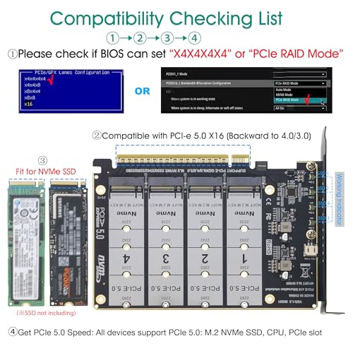 Quad NVMe PCIe 5.0 Adapter with Heatsink, RIITOP PCIe 5.0 x16 to 4X NVMe Card for 2280/2260/2242/2230 M.2 (M Key) SSD (PCI-e Bifurcation Required) by RIITOP - Image 3