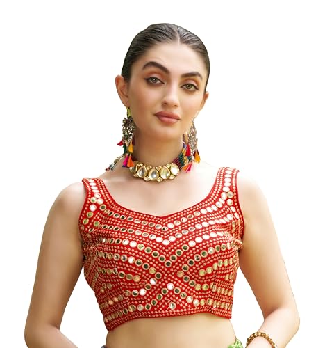 Image of Pujia Mills Women's Embroidery Work Real Mirror Sleeveless Readymade Blouse