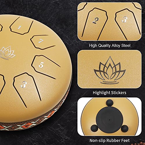Yamaer Steel Tongue Drum 8 Notes 6 Inches Steel Hand Drum C-Key With Bag, Music Score, Drumsticks. (Yellow) #TOP1