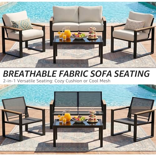 Image of NATURAL EXPRESSIONS 4 Pieces Patio Furniture Sets,Metal Outdoor Patio Furniture Sets,Outdoor Sectional Patio Conversation Set,Wooden Anti-Scald Armrest,Sling Mesh,4 inch Olefin Cushions