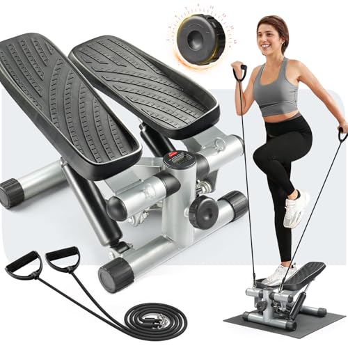 LEADZM Mini Stepper Mit Silent-Pad für Zuhause, 2 in 1 Fitness Stepper mit Gummiband, LCD Display, Timer, Kalorienzähler, Up-Down-Stepper für Bein/Arm Trainer, Schwarz und Silber